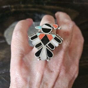 Large Zuni Thuncerbird Vintage Silver Inlay Ring